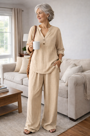 FLASH SALE - Effortless V-Neck Blouse & Wide Leg Pants Set | Free Delivery