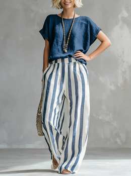 FLASH SALE - Effortless Striped Cotton Linen 2-Piece Set | Free Delivery